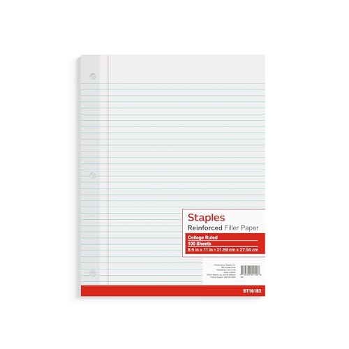 STAPLES Reinforced Filler Paper, 8.5” x 11”, College Ruled, 100 Sheets/Pack, 12‑Pack - size: 8.5'' x 11'', style: 1,200 Sheets