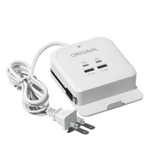 Charger Power Socket, 4-Port Charging Station with 15W Fast Charging PD USB-C Port & Integrated Type-C Cable, Desktop/Nightstand Charger with Phone Stand, for iPhone Samsung iPad & More