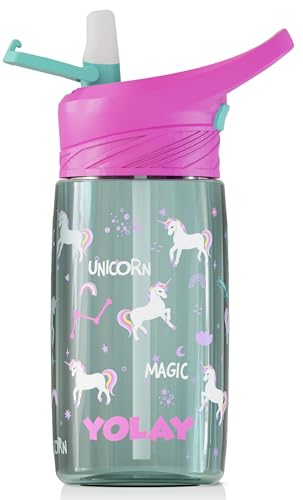 YOLAY 15oz Kids Water Bottle For School Boys and Girls, Durable Toddler Water Bottle with Straw Lid Leak-Proof, Spill Proof, Easy Clean and Dishwasher Safe with Re-Usable and BPA Free - Unicorn - color: Unicorn