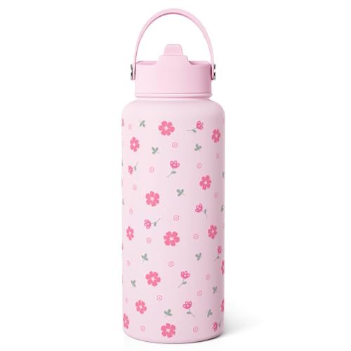 SANDJEST Floral Water Bottle 32oz Stainless Steel with Lid, Insulated Bottles for Women Girls, Gifts Ideas for Birthday Christmas - color: Floral