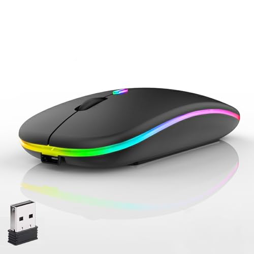 LED Wireless Mouse, Slim Silent Dual-Mode 2.4G+BT Rechargable 7-Color Portable Mobile Optical Office Mouse with USB Receiver, 3 Adjustable DPI Levels for Notebook, PC, Computer, MacBook (Black) - color: black