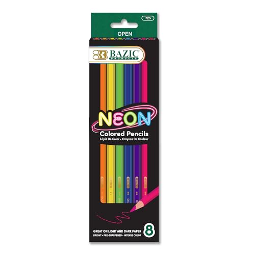 BAZIC PRODUCTS Neon Colored Pencils, Pre-Sharpened, 8 Count, 24-Box | bright neon shades, pre-sharpened wood barrels, posters, dark-paper art, outlines, classroom projects - size: 1 Count (Pack of 24)