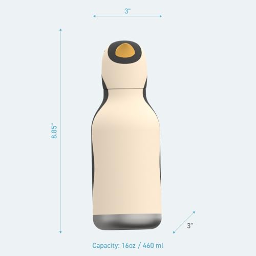 asobu Bestie Bottle Insulated Stainless Steel Water Bottle with Detachable Soft Animal Head Fun Drinking For Kids and Teens with Flexible Reusable Straw 16 Ounce (Penguin) - color: Penguin