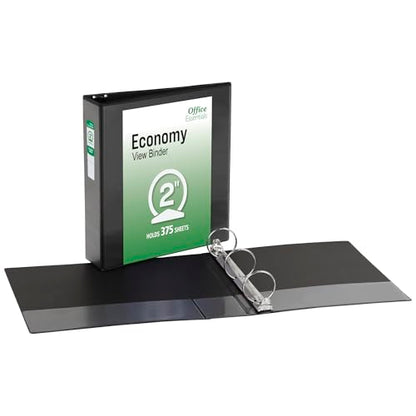 Office Essentials Economy View 3 Ring Binders, 2" Round Rings, 2.8" Spine, 375-Sheet Capacity, Black Binders (4-Pack of 03147) - size: 2"