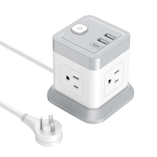 BEVA Cube Power Strip 10 ft Cord, Desktop Power Strip with 4 Outlets and 3 USB Ports, Flat Plug, Overload Protection, Compact Power Strips Tower for Travel Home Office Cruise Ship - color: Grey, size: 10ft