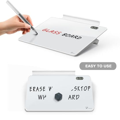 Small Glass Desk Whiteboard Dry-Erase Board with Clock, Small Travel Clock Keychain with Desk Notepad, Time Table Whiteboard for Desk Digital LED Light Display, 8x6 in with Accessories, White - color: White With Clock