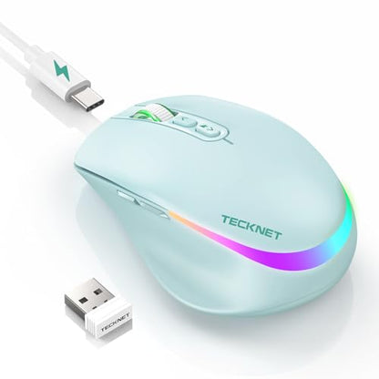 TECKNET Wireless Mouse Jiggler, Rechargeable Mouse with Built-in Mouse Mover, 6 Adjustable DPI & 14 LED Modes, Silent Click, Undetectable Random Movement Keeps Computer Awake for Laptop/PC/Mac- Green - color: Green