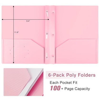6-Pack Plastic andPockets and Prongs,2-Pocket and3 Fasteners, Pastel Folders Holds US Letter Size Paper for School/Office/Home, Pink - color: Pink, size: 6-Pack