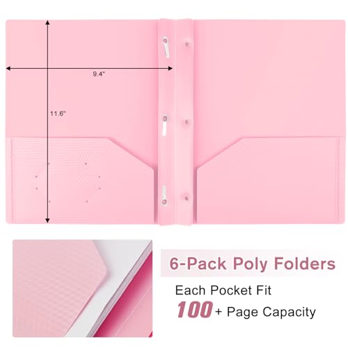 6-Pack Plastic andPockets and Prongs,2-Pocket and3 Fasteners, Pastel Folders Holds US Letter Size Paper for School/Office/Home, Pink - color: Pink, size: 6-Pack