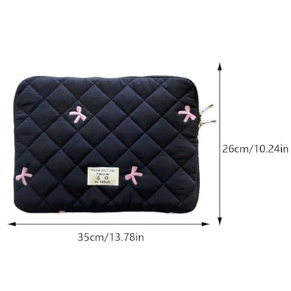 Cute Puffy Laptop Sleeve 13 Inch, Quilted Protective Case with Bow Embroidery, Coquette Y2K Preppy Kawaii Aesthetic Bag for 13” 14" Mac-Book & Laptops - color: Black-Bow