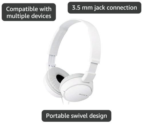 Sony Over On Ear Best Stereo Extra Bass Portable Headphones Headset for Apple iPhone iPod/Samsung Galaxy / mp3 Player / 3.5mm Jack Plug Cell Phone (White)