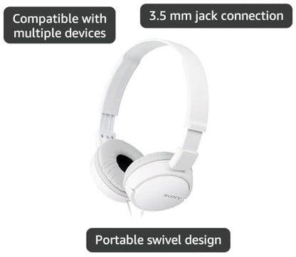 Sony Over On Ear Best Stereo Extra Bass Portable Headphones Headset for Apple iPhone iPod/Samsung Galaxy / mp3 Player / 3.5mm Jack Plug Cell Phone (White)