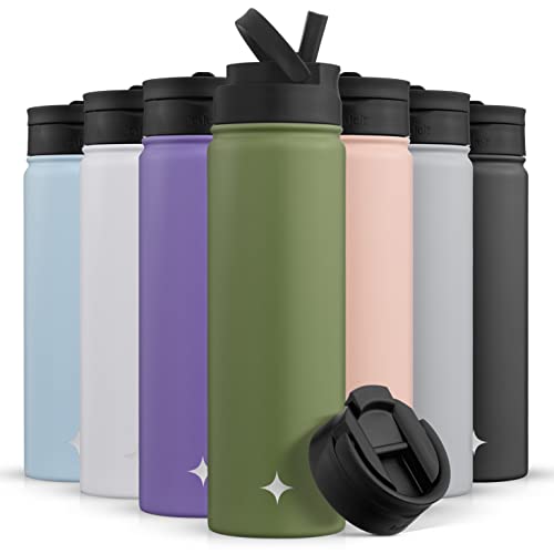 JoyJolt Triple Insulated Water Bottle with Straw Lid AND Flip Lid! 22oz Water Bottle, 12 Hour Hot/Cold Vacuum Insulated Stainless Steel Water Bottle. BPA-Free Leakproof Water Bottles - Thermos Bottle - color: Forest Green, size: 22 Ounces