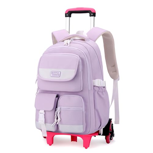 Solid Color Rolling Backpack for Girls Boys Cute Elementary school bag with wheels,Purple Trolley Bags for Travel - color: B-purple-6 Wheels, size: 6 Wheels
