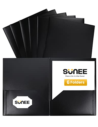 SUNEE 2 Pocket Folders (6 Pack, Black) Heavy Duty Plastic Folders with Pockets Fit Letter-Size Papers, Two-Pocket Poly Folder Bulk for School, College, Office - color: Black, style: 6-Pack