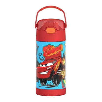 THERMOS FUNTAINER Water Bottle with Straw - 12 Ounce - Kids Stainless Steel Vacuum Insulated Water Bottle with Lid, Cars - color: Cars