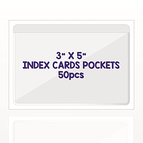IMAGAME Clear Adhesive 3" x 5" Index Card Pockets, Labels Holders, 50 Pack | Top Open for Loading, Plastic Labels Holders, For Storage Bins and Library Card, Organizing and Protecting Cards, Photos - size: 3-5/8" x 5-1/4" for 3" x 5" Index Cards