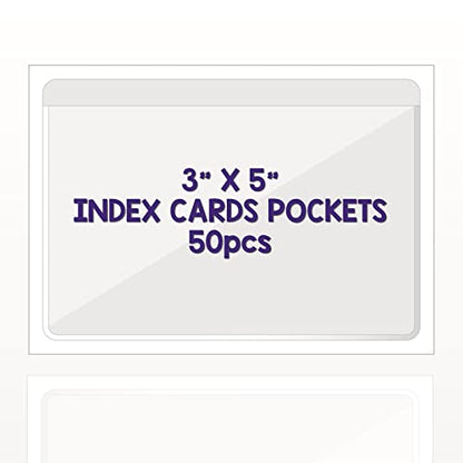 IMAGAME Clear Adhesive 3" x 5" Index Card Pockets, Labels Holders, 50 Pack | Top Open for Loading, Plastic Labels Holders, For Storage Bins and Library Card, Organizing and Protecting Cards, Photos - size: 3-5/8" x 5-1/4" for 3" x 5" Index Cards