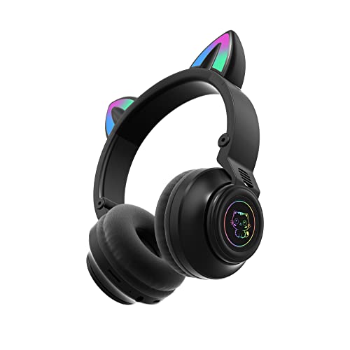 Cat Ear Bluetooth Headphones for Kids & Adults, Wireless Foldable & Wired Multi-Function LED Light Up Over Ear Headphones with Mic and Volume Control for iPhone/iPad/Laptop/PC (Black) - color: Black