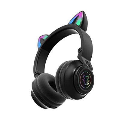 Cat Ear Bluetooth Headphones for Kids & Adults, Wireless Foldable & Wired Multi-Function LED Light Up Over Ear Headphones with Mic and Volume Control for iPhone/iPad/Laptop/PC (Black) - color: Black