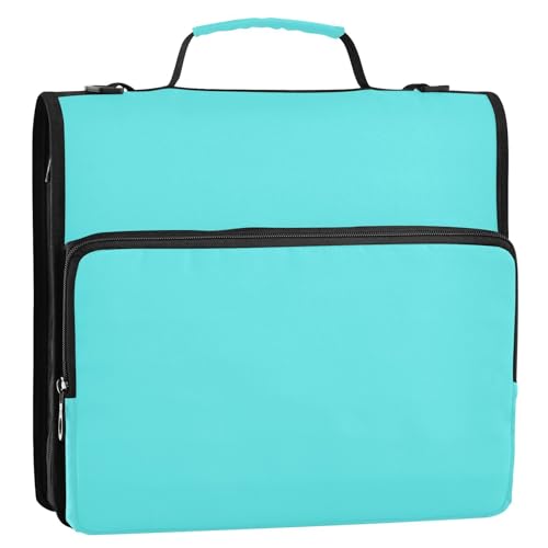 Neon Water Blue 3 Ring Zipper Binder with Shoulder Strap & Handle 3 Inch D-Ring with Expanding File Folder, Pencil Pouch & Multiple Pocket, Binder Organizer for School Office - color: Neon Water Blue