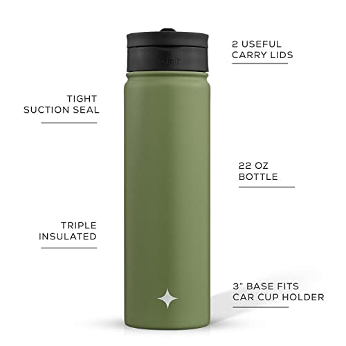 JoyJolt Triple Insulated Water Bottle with Straw Lid AND Flip Lid! 22oz Water Bottle, 12 Hour Hot/Cold Vacuum Insulated Stainless Steel Water Bottle. BPA-Free Leakproof Water Bottles - Thermos Bottle - color: Forest Green, size: 22 Ounces