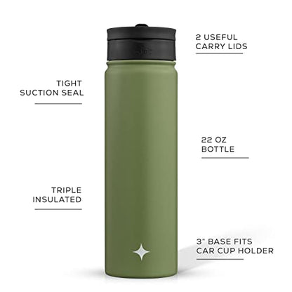 JoyJolt Triple Insulated Water Bottle with Straw Lid AND Flip Lid! 22oz Water Bottle, 12 Hour Hot/Cold Vacuum Insulated Stainless Steel Water Bottle. BPA-Free Leakproof Water Bottles - Thermos Bottle - color: Forest Green, size: 22 Ounces