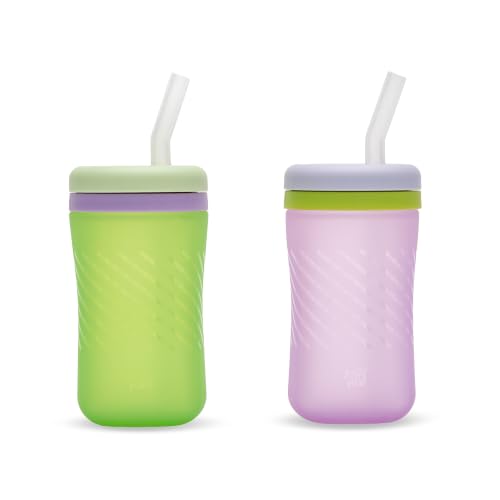 The First Years Silicone Squeeze & Sip Straw Cup - Spill-Proof Toddler Training Cups - Dishwasher Safe - Green and Purple - 7 oz - 2 Count - Ages 6 Months+ - color: Purple and Green