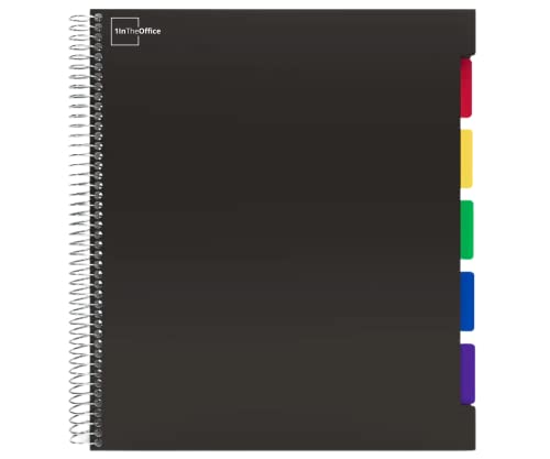 1InTheOffice 5 Subject Notebook with Dividers, Spiral Notebook with Tabs, Poly Cover College Ruled Notebook 8.5" x 11, Black, 150 Sheets