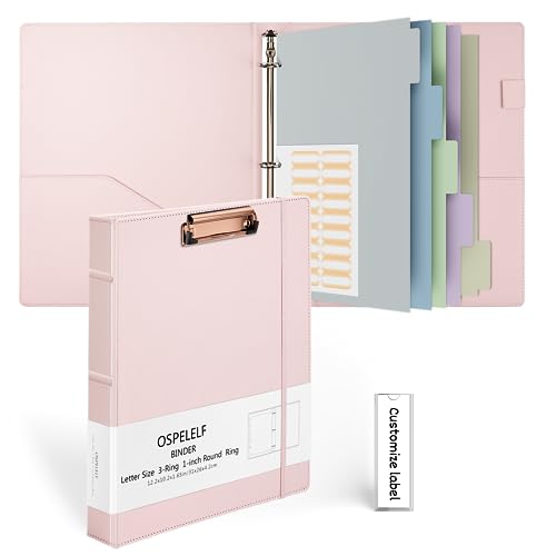 Ospelelf 3 Ring Binder with Clipboard 1 Inch Leather Binder for Letter Size (8.5" x 11"), Clipboard Binder with 5 Tab Dividers for School, Office, Pink - color: Pink, size: Letter Size - 1 Inch