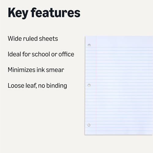 Amazon Basics Wide Ruled Loose Leaf Paper, 10.5" x 8", 150 Sheets, No Binding, White, 2-Pack - size: Wide Ruled, 2-pack