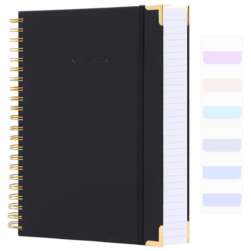 Spiral Notebook, Hardcover Leather Journal for Women Men, 300 Page Thick Notebooks College Ruled for Work, School, Note Taking, Writing Journals, Large A5 Notebook with Tabs Sticky, 5.7" x 8.5", Black - color: Black, size: 5.7" x 8.5"