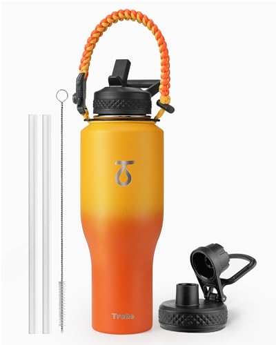 Trebo 40 oz Water Bottle Insulated Fit in Any Car Cup Holder with 2 Lids, | Stainless Steel T-shape Tumbler with Paracord Handle, Triple Wall Vacuum Copper Plated, Cold 48 Hrs for Travel, Wide Mouth - color: Orange, size: 40 Ounces