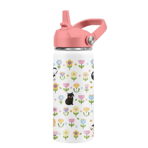 Kids Water Bottle Insulated - Cute Cat Water Bottle for Kids, 16oz Stainless Steel Insulated Water Bottles with Straw Lid, Leakproof BPA-Free Cat Floral Water Bottles for Home Travel Sports - color: Floral Cat#white, size: 16 Ounces