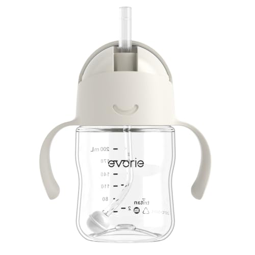 Evorie Tritan Weighted Straw Cup Baby Training Cup, Spill Proof, 7 Oz, 6M+ | BPA & BPS-Free, First learning cup, 360° drinking, Dishwasher safe, Durable Sippy Cup, Cream Beige - color: Cream Beige