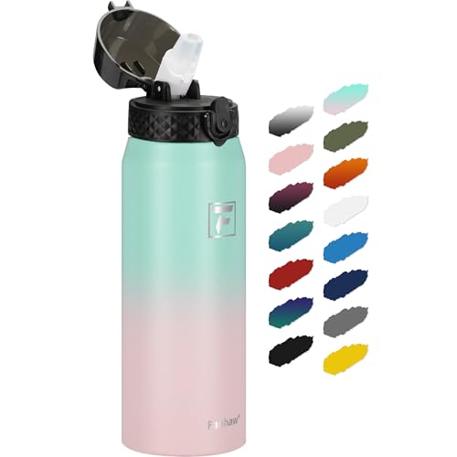 Fanhaw 24 Oz Kids Insulated Stainless Steel Water Bottle with Straw Lid, Leakproof & Anti-Dust Everyday Use Bottle for School, Women & Men, Back to School Essentials (Green Pink) - color: Green Pink, style: 24 Ounces