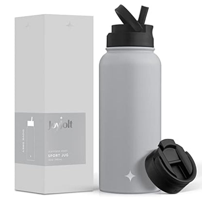 JoyJolt Triple Insulated Water Bottle with Straw Lid AND Flip Lid! 32oz Large Water Bottle, 12 Hour Hot/Cold Vacuum Insulated Stainless Steel Bottle. BPA-Free Leakproof Water Bottles - Thermos Bottle - color: Dove Grey, size: 32 Ounces