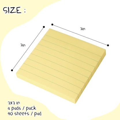 Lined Sticky Notes 3x3 in, Self-Adhesive, 4 Pads, 90 Sheets/Pad (Yellow) | Strong Self-Adhesive Backing, Sticks Firmly and Removes Cleanly - color: Yellow