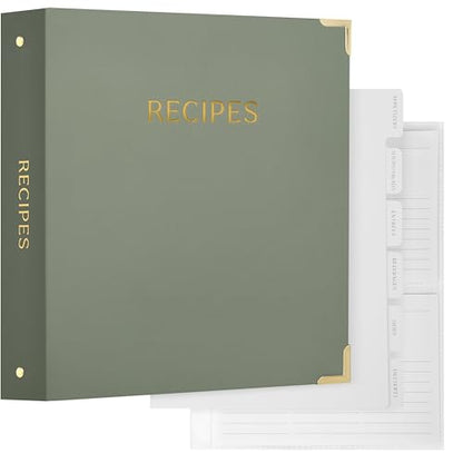 Aesthetic Recipe Binder with Polyester Waterproof Cloth Cover - The Perfect Recipe Book with Plastic Sleeves to Write in Your Own Recipes - Quality Blank Cookbook Binder, Cards incl. - color: Sage Green, size: Medium - 9.5x8.5"