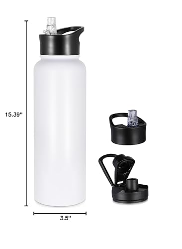 40 oz Insulated Water Bottle with Straw, Stainless Steel Sports Water Bottles with 2 Lids (Straw and Wide Mouth lid), Double Wall Vacuum, Leakproof, BPA-Free, White - color: White, size: 40 Ounces