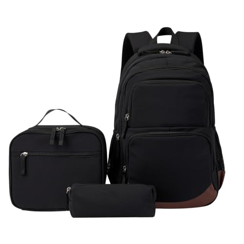 Glodwheat 3Pcs Backpack Set For Girls With Insulated Lunch Bag & Pencil Case, Lightweight Water-Resistant School Bookbag With 11 Compartments / 20L - color: Matte Black