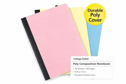 Mintra Office Poly Composition Book (3 Pack, Artic Ice, Sun Yellow, Spring Pink) - durable flexible quality writing notebook journal for school, business, notes, 7.5in x 9.75in, 70 College Ruled Sheets - 3 Pack - color: Artic Ice, Sun Yellow, Spring Pink,