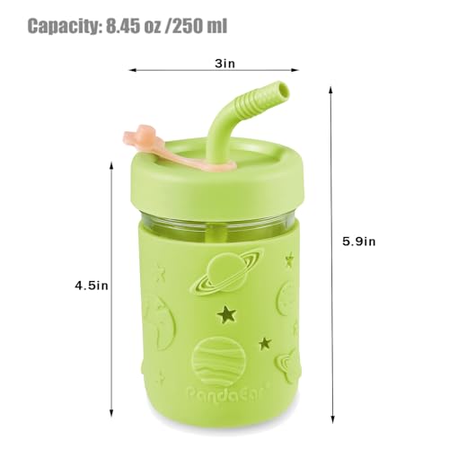 PandaEar Kids & Toddler Glass Cups, 4 Pack Glass Mason Jar Cups 8.45 oz with Silicone Sleeves & Straws, Spill-Proof Smoothie & Snack Cups for Children Ages 3+