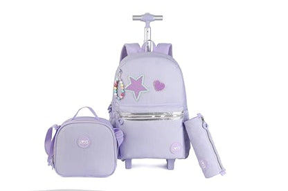 Adult extra Large Kids Rolling Backpack with Lunch Box 3pc Set (STAR HEART PURPLE) - color: Star Heart Purple