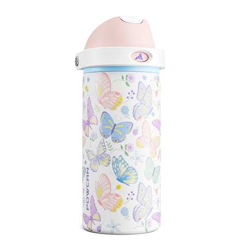POWCAN 18 oz Insulated Water Bottle: 2-in-1 Push-Button Spout & Quick-Flip Straw Lid, Leakproof, Cold 24Hrs, Fits Car Cup Holder, Stainless Steel Bottle for Sports, Travel, School (Butterfly Garden) - color: Butterfly Garden, size: 18 Ounces