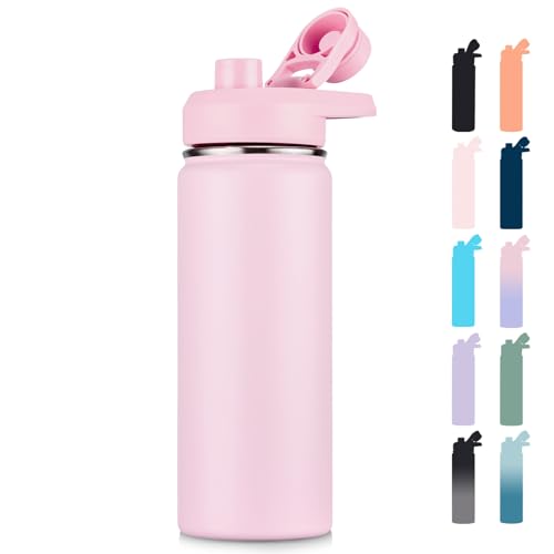Fijinhom Insulated Water Bottle with Handle, 304 Stainless Steel Water Bottles with Wide Mouth, Double Wall Vacuum Sports Water Bottle, BPA Free, Keep Cold and Hot, 18 Ounces, Pink - color: Pink, size: 18 Ounces