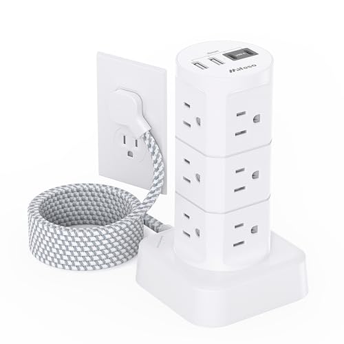 Power Strips with Surge Protection, Flat Plug Power Strip with 12 Outlets 4 USB Ports, Charging Station Tower 1875W/15A 1080J 6Ft Extension Cord with Multiple Outlets, Office Supplies, Dorm Essentials - color: White, size: 6 FT