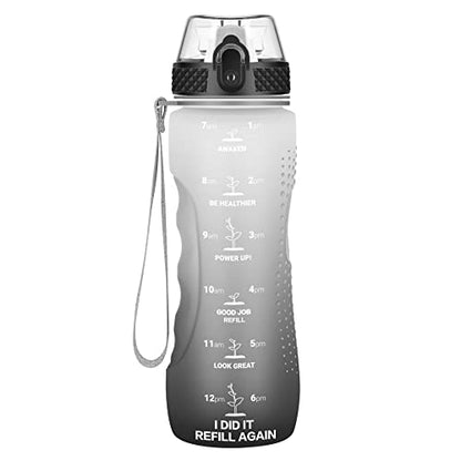 Kids Water Bottle, 24 oz Tritan BPA-Free, Leak Proof, White Black | Motivational Time Markers, Straw Lid, Wide Mouth, for Home, School & Summer Camp-1 Lid Included - color: White Black