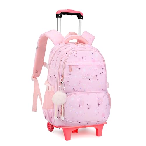 Pink Star Print Rolling Backpack for Girls Kids Backpack with Wheels Roller Bookbag Trolley School Bag Wheeled Bag - color: 2 Wheels 05 Pink, style: 2 Wheels