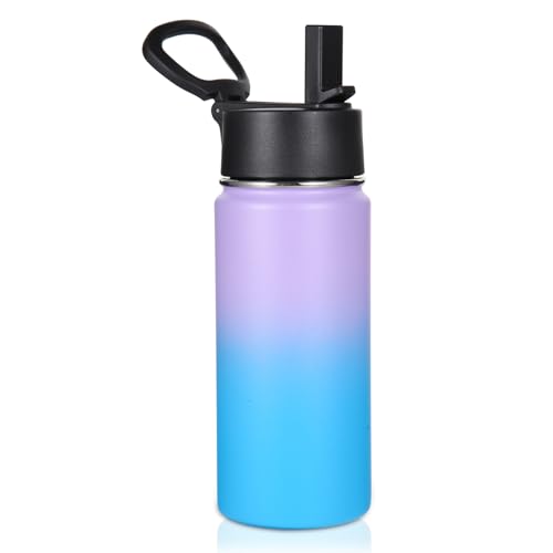 Volhoply Kids Insulated Water Bottle with Straw,16oz Stainless Steel Cold Water Bottles for School,BPA-Free Metal Wide Mouth Cups with Handle,Reusable Double Wall Vacuum Sport Flask(Lavender Blue,1) - color: Lavender Blue